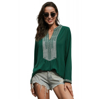 Green Long Sleeves Front Embroidery Blouse