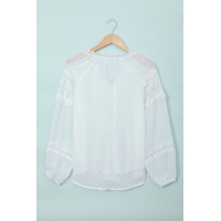 White V Neck Lantern Sleeve Lace Hollow Out Top