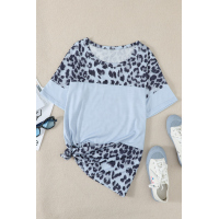 Sky Blue Fierce Leopard Print Color Blocking Tee