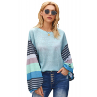 Sky Blue Striped Colorblock Long Sleeve Knit Top