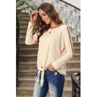 Apricot Waffle Knit Front Tie Cold Shoulder Long Sleeve Top