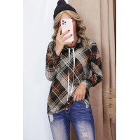 Gray Color Block Plaid Cowl Neck Long Sleeve Top