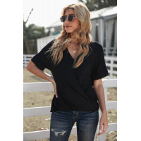 Black Short Sleeves Drape Knit Top