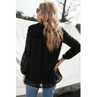 Black Ruffled Split Neck Lace Hollow Out Puff Sleeve Polka Dot Blouse