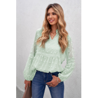 Green Ruffled Split Neck Lace Hollow Out Puff Sleeve Polka Dot Blouse