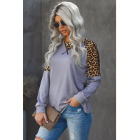 Gray Leopard Stitching Long Sleeve Top