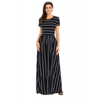 White Striped Black Short Sleeve Maxi Dress