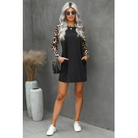 Black Leopard Splicing Pocket Mini Dress