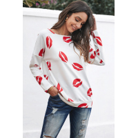 White Valentine’s Day Lip Prints Long Sleeve Top