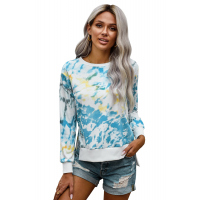 Blue High Low Hem Tie-dye Print Top with Slits