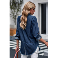 Blue Roll up Long Sleeves Frayed Hem Denim Shirt