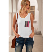 White Casual Women Tank Top with Multicolor Pocket