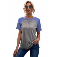 Gray Raglan Sleeve Patchwork Colorblock Tee