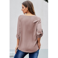 Khaki Casual V Neck Zip up Half Sleeve Blouse