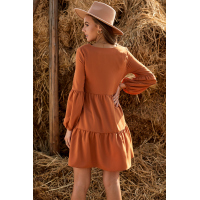 Brown Ruffle V-Neck Flowy Loose Tunic Dress