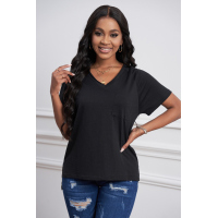 Black V Neck Short Sleeves Cotton Blend Tee with Front Pocket and Side Slits