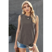 Gray Round Neck Cotton Blend Tank