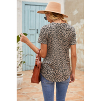 Leopard Print V Neck Tee with Pocket