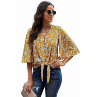 Yellow Floral Print Button Tie Top