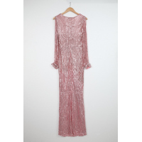 Pink Sequin Fringe Sleeve Prom Maxi Dress