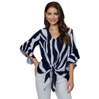 Black Vertical Stripes V Neck 3/4 Sleeve Blouse