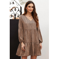 Brown Leopard Ruffle V-Neck Flowy Loose Tunic Dress