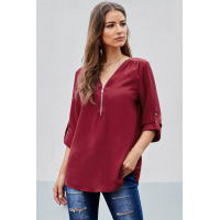 Red Casual V Neck Zip up Half Sleeve Blouse