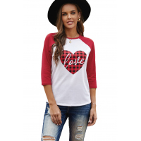 Buffalo Plaid Love Heart Colorblock Raglan 3/4 Sleeve Top