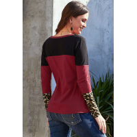 Red Color Block Splicing Leopard Printed Pocket Tie Blouse