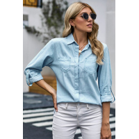 Sky Blue Roll up Long Sleeves Frayed Hem Denim Shirt