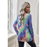 Blue Tie-dye V Neck Long Sleeves Top