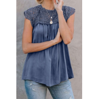 Blue Crochet Lace Trim Splicing Casual Blouse