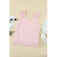 Pink Swiss Dot Woven Sleeveless Top With Ruffled Straps