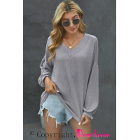 Gray Billowed Sleeve Thermal Knit Top