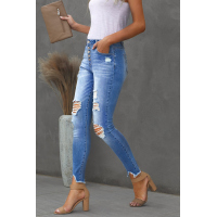 Sky Blue High Rise Button Front Frayed Ankle Skinny Jeans