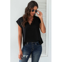 Black V Neck Lace Trim T-shirt