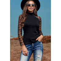 Black High Neck Lace Crochet Long Sleeve Top