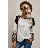 Leopard Long Sleeve Waffle Knit Black Blouse with Twist Knot