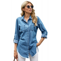 Roll up Long Sleeves Frayed Hem Denim Shirt