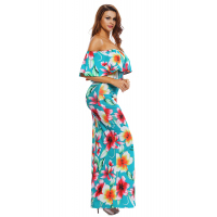 Turquoise Roses Print Off-the-shoulder Maxi Dress