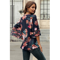 Red 3/4 Flared Sleeve Floral Blouse