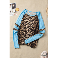 Sky Blue Raglan Sleeve Leopard Blouse