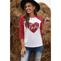 Buffalo Plaid Love Heart Colorblock Raglan 3/4 Sleeve Top