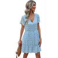 Sky Blue Polka Dot V Neck Ruffled Short Sleeves Mini Dress