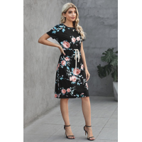 Black Short Sleeve Pocketed Drawstring Casual Floral Dress