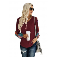 Wine Contrast Eyelet Thermal Knit Top