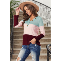 Sky Blue V-neck Color Block Button Waffle Knit Pullover