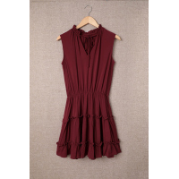 Wine Red Sleeveless V Neck Ruffled Swing Mini Dress