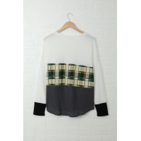 Green Plaid Color Block V Neck Long Sleeve Top