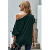 Green Off-The-Shoulder Slash Neck Casual Loose Fitting Top